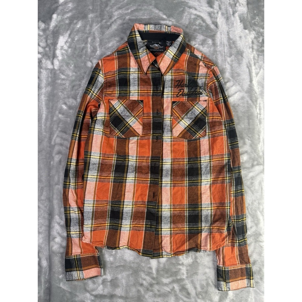 Harley-Davidson Flannel Shirt Mens XS Orange Black Plaid Casual Button Down